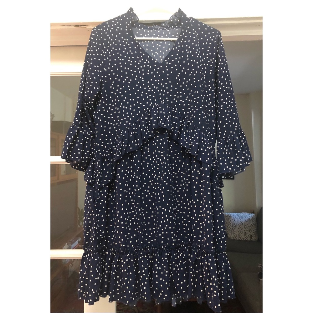 Navy blue polka dot long sleeve dress
